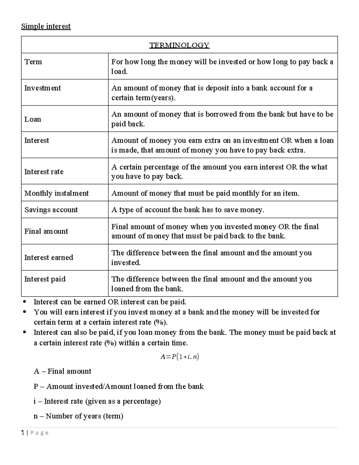 05 Simple Interest - Simple interest TERMINOLOGY Term For how long the ...
