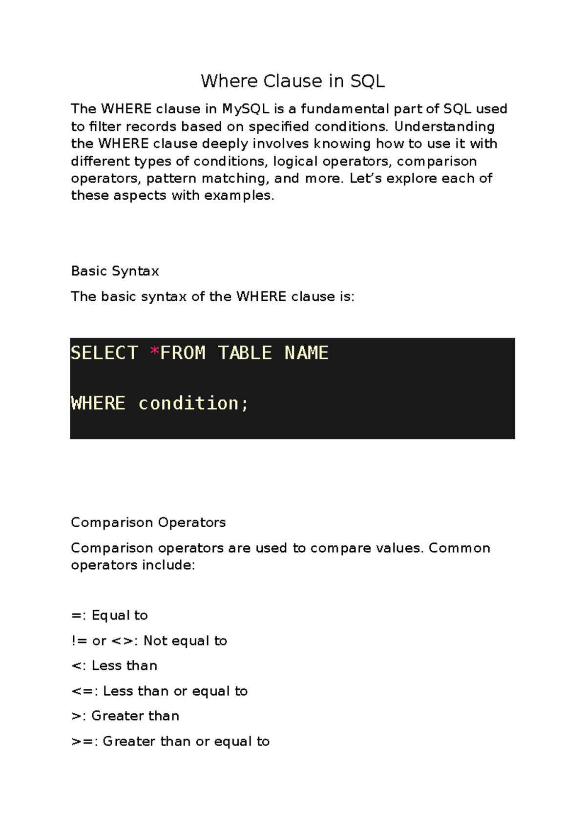 Where Clause in SQL - Lesson on Filtering Records and Operators - Studocu