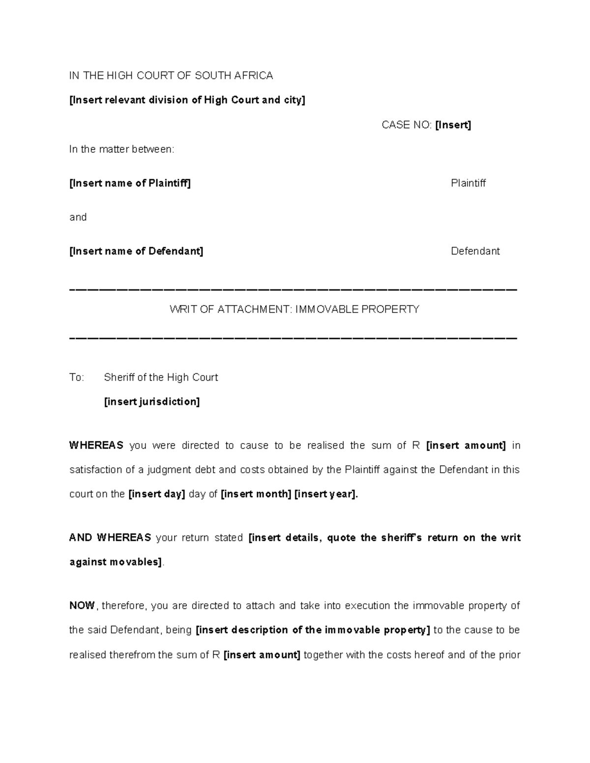 Writ of Attachment: Immovable Property - Civil Procedure Case No ...