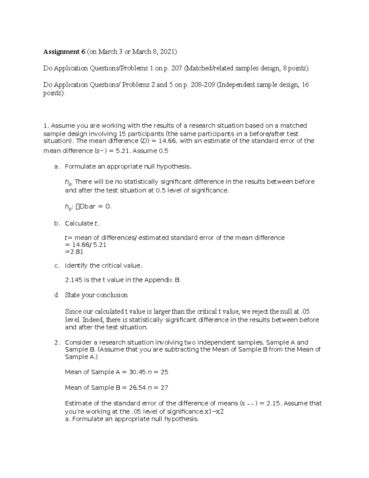 Statistical Analysis Assignment 6-1: Matched and Independent Samples ...