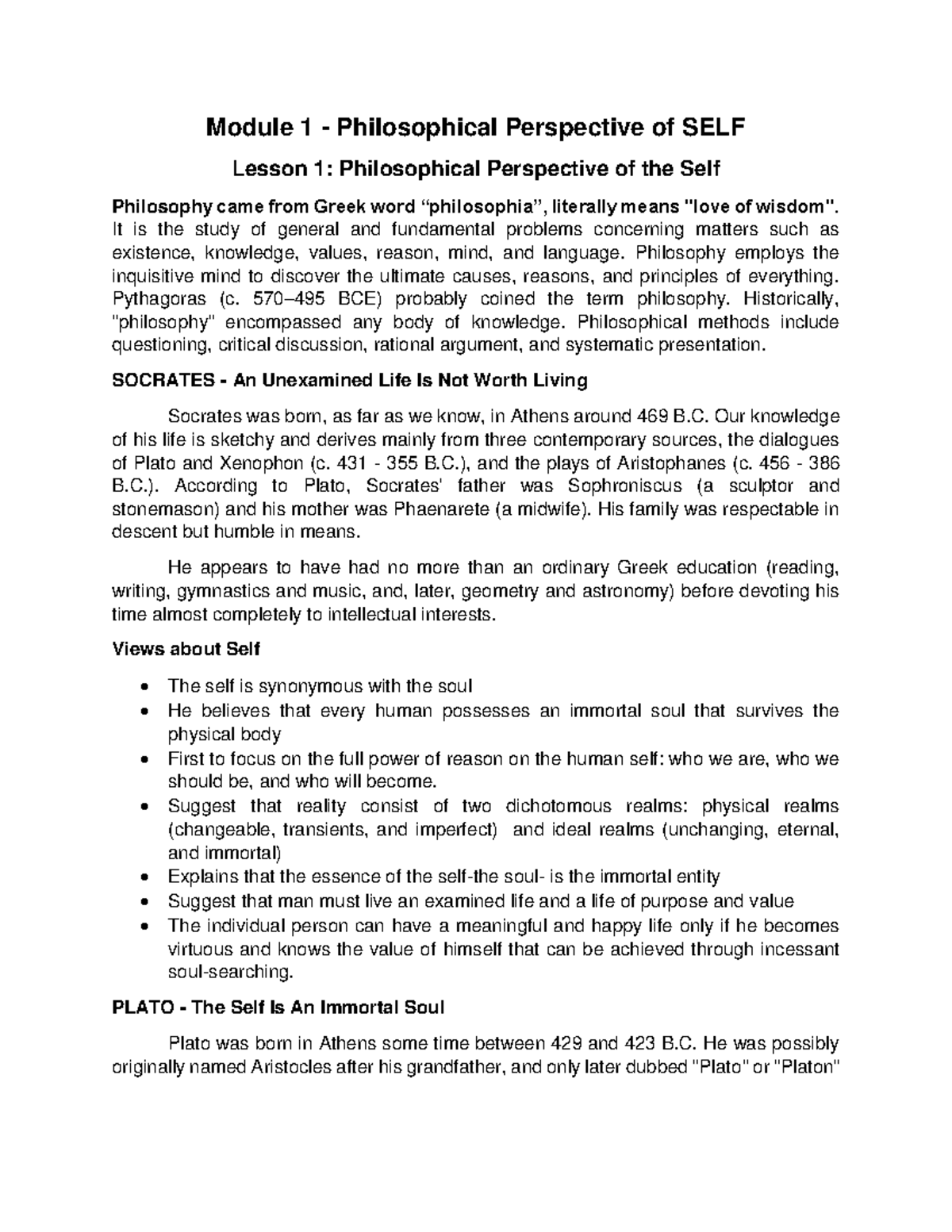 Reviewer UTS - Module 1 - Philosophical Perspective of SELF Lesson 1 ...