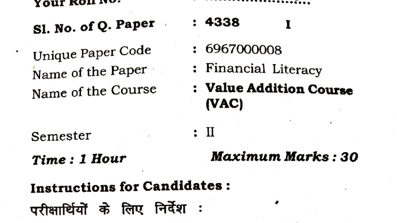VAC Financial Literacy Sem II Previous Year Questions 2025 - Studocu