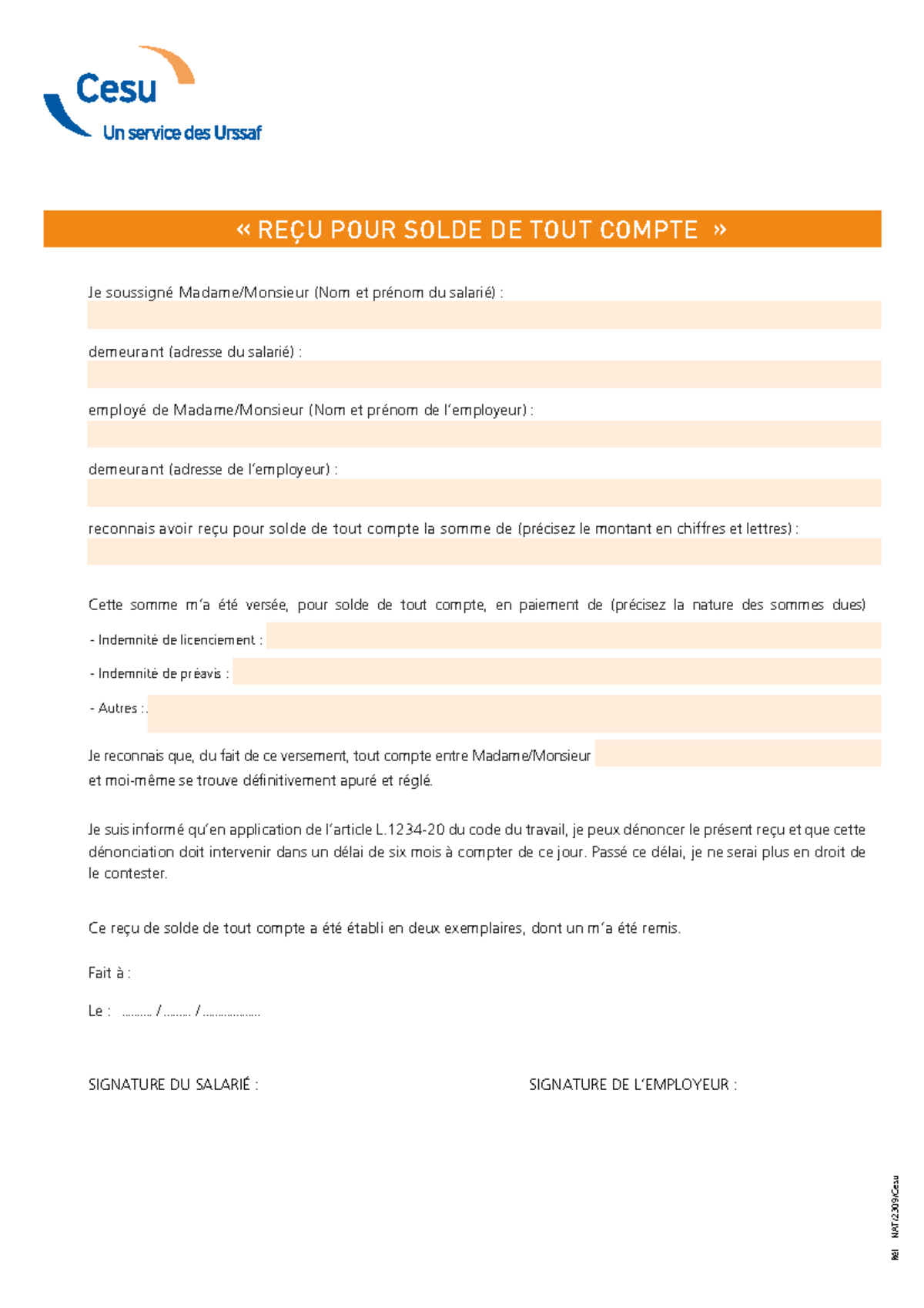 Modèle de Solde de Tout Compte - Référence NAT/2309/Cesu - Studocu