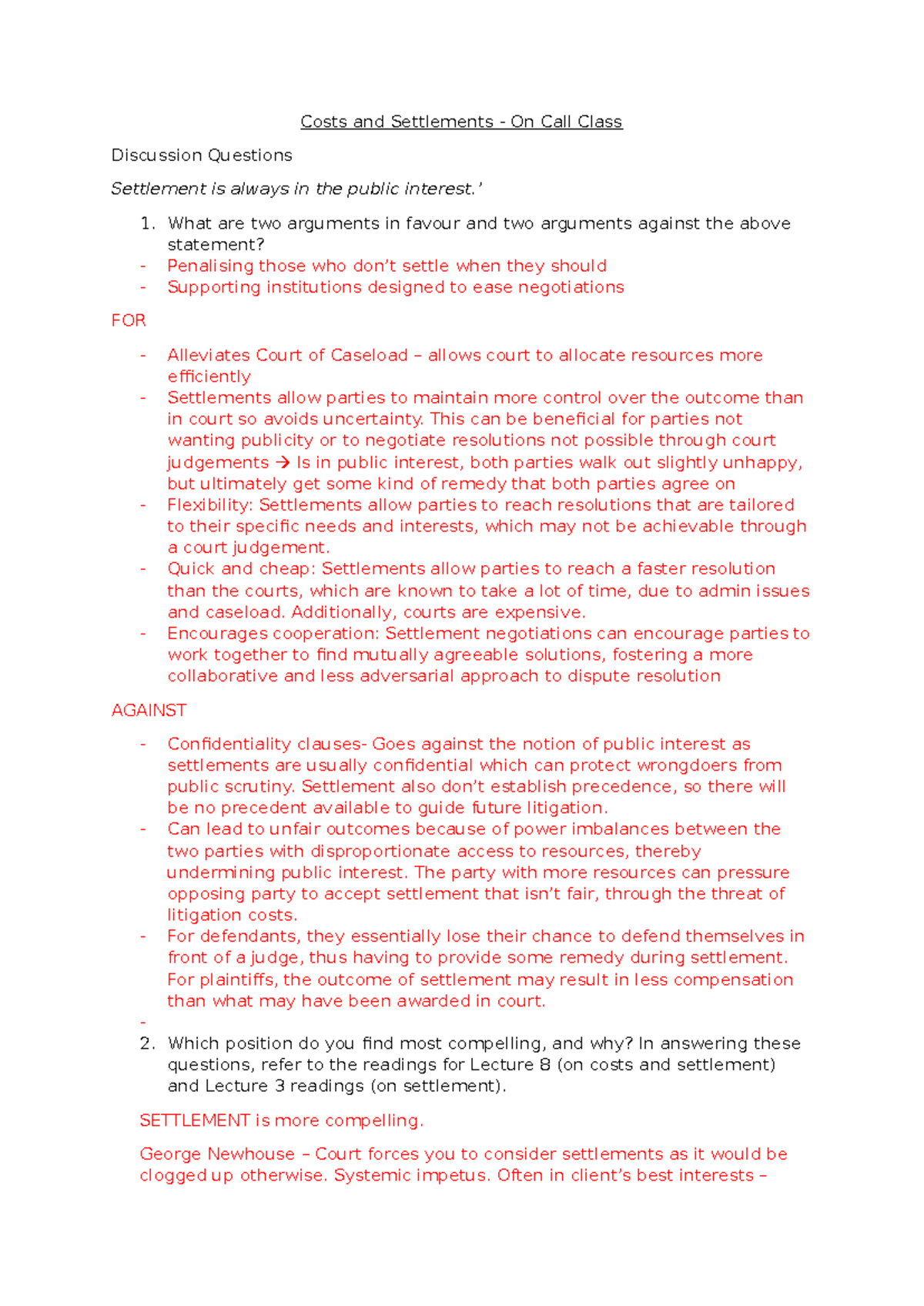 Costs and Settlements: Class Discussion Questions on Settlement Issues ...