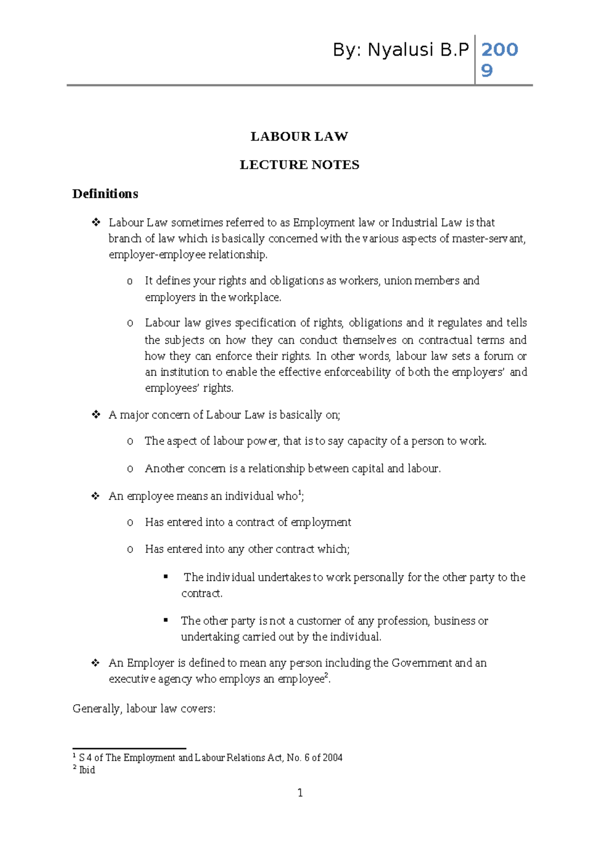 Labour Law Lecture Notes (Nyalusi B.P 2009) - Studocu