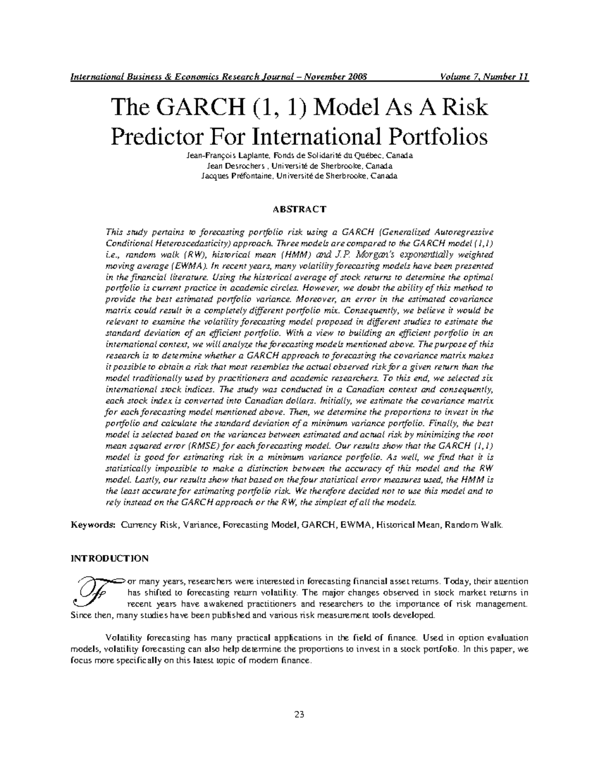 GARCH (1,1) Model as a Risk Predictor for International Portfolios ...