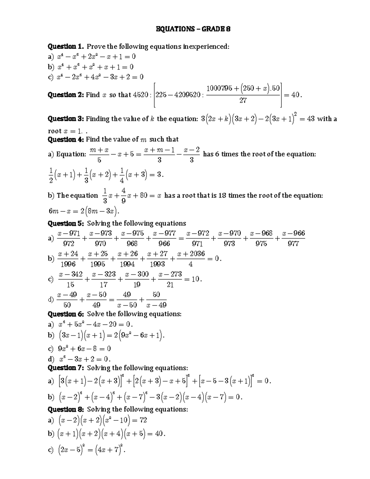 EQUATIONS GRADE 8: Comprehensive Problem Set and Solutions - Studocu