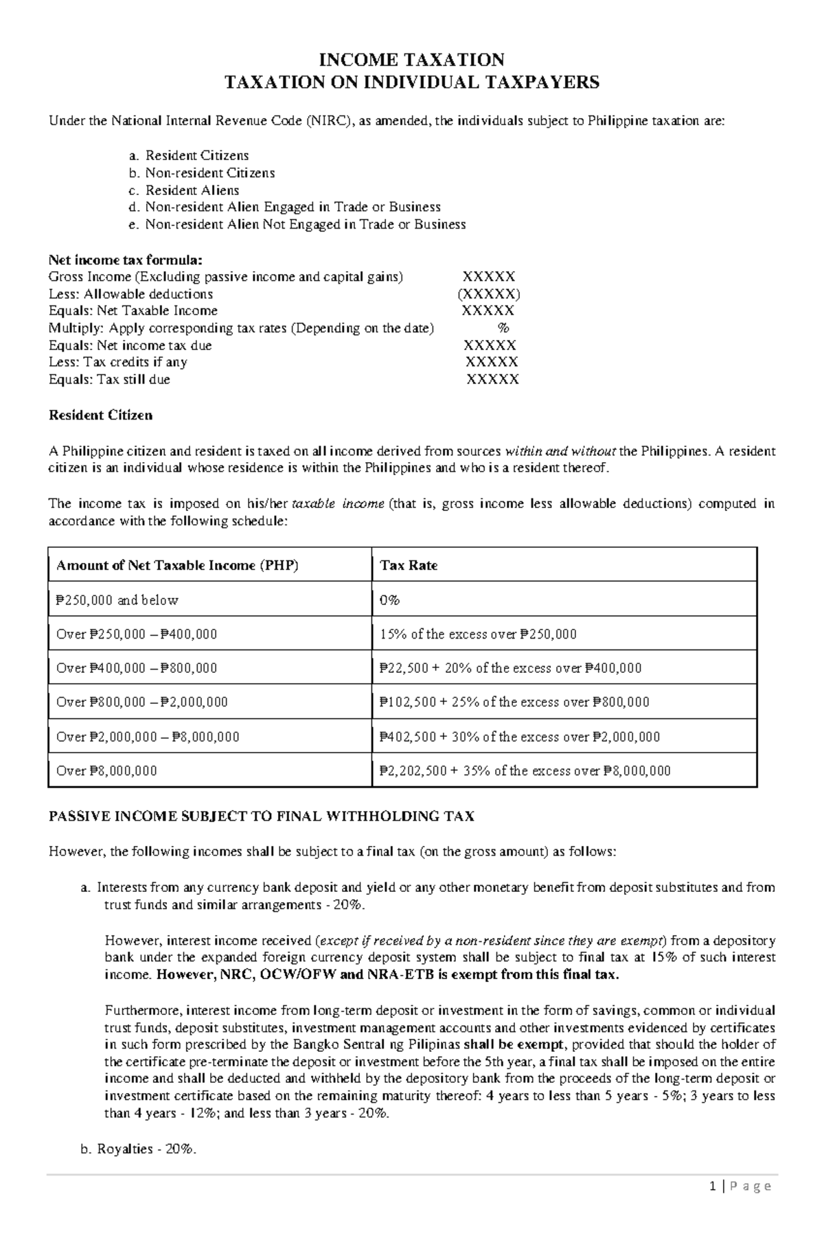 Taxation on individuals - INCOME TAXATION TAXATION ON INDIVIDUAL ...