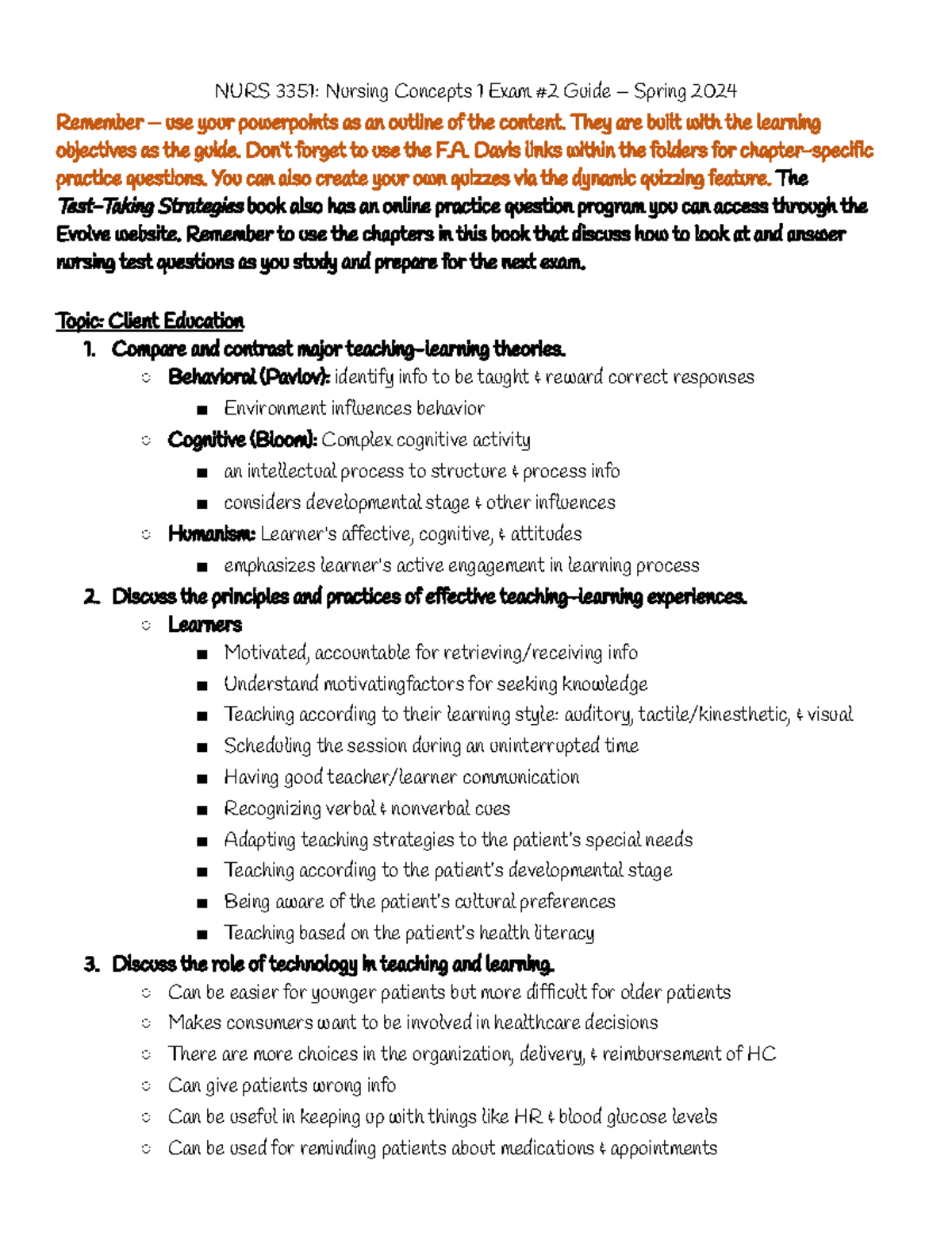 NURS 3351 - Nursing Concepts 1 Exam #2 Study Guide - Spring 2024 - Studocu