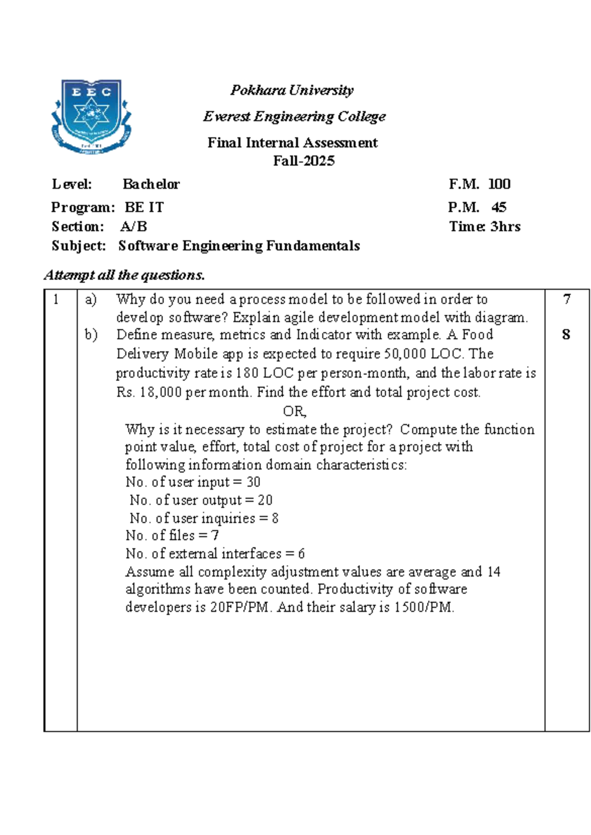 IT BEIT Final Internal Assessment: Software Engineering Fundamentals ...