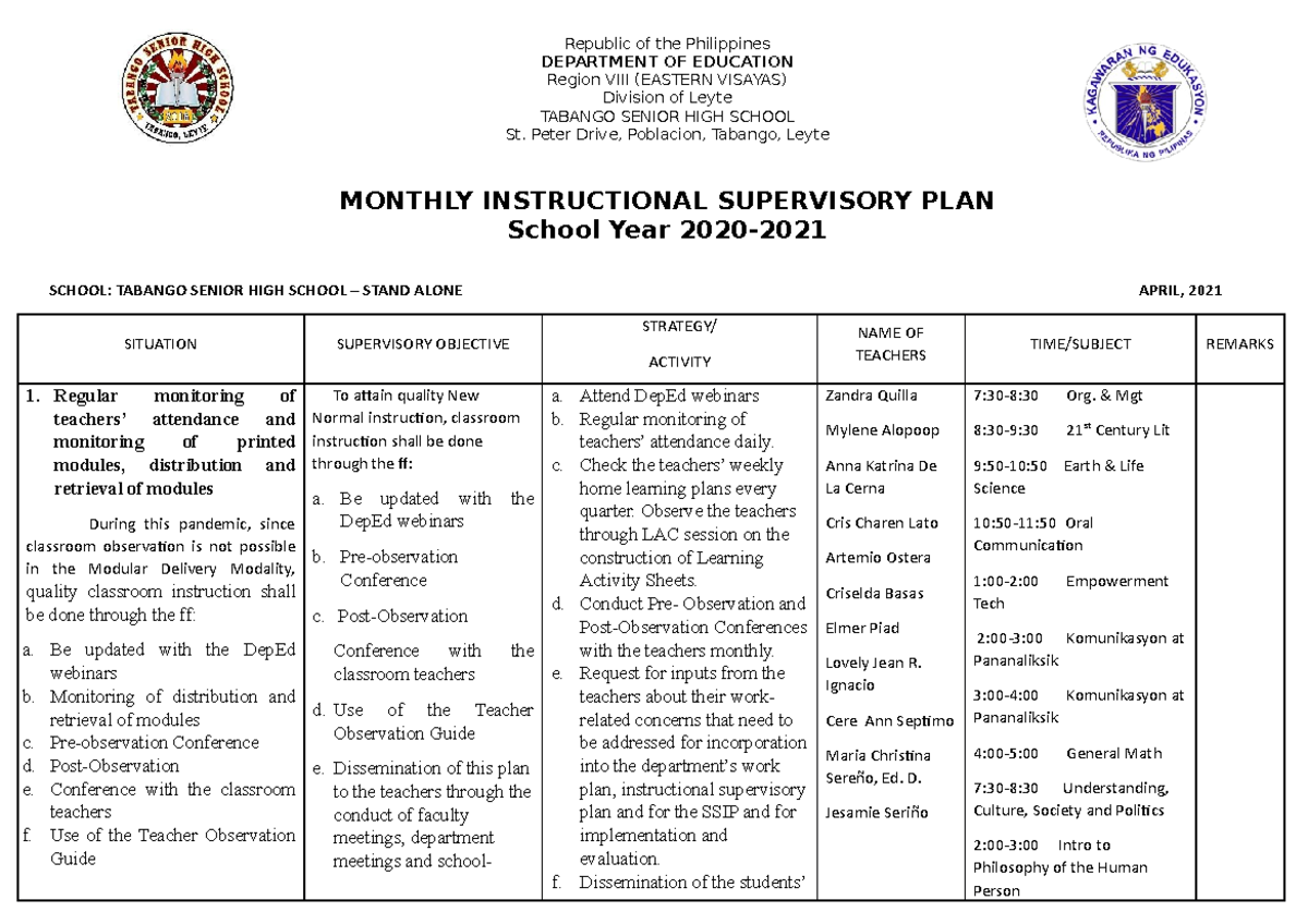 517481303 April Instructional Supervisory Plan 2020 21 - Republic of ...