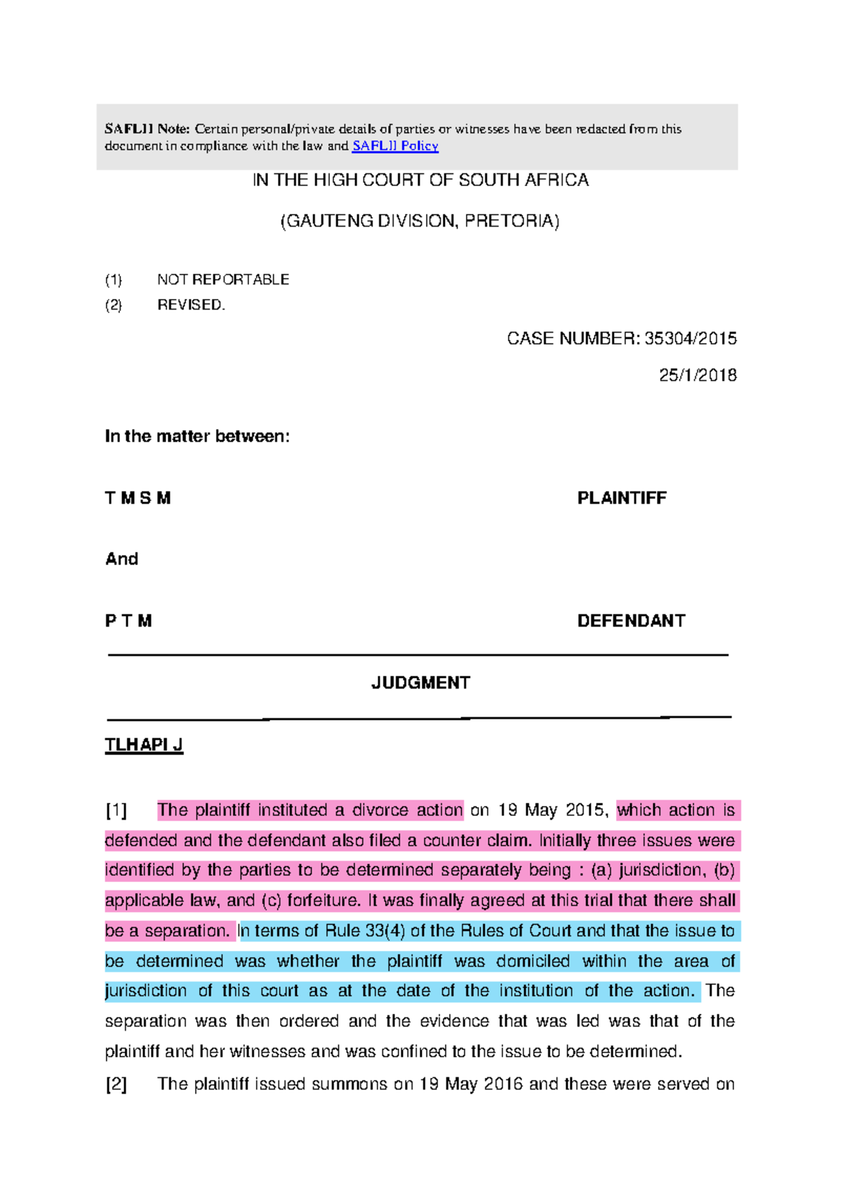 High Court Divorce Jurisdiction Case - TM S M v P T M (35304/2015 ...
