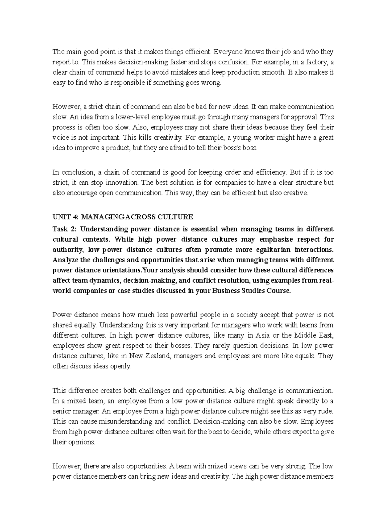 UNIT 4: MANAGING ACROSS CULTURE - Power Distance Analysis Essay - Studocu