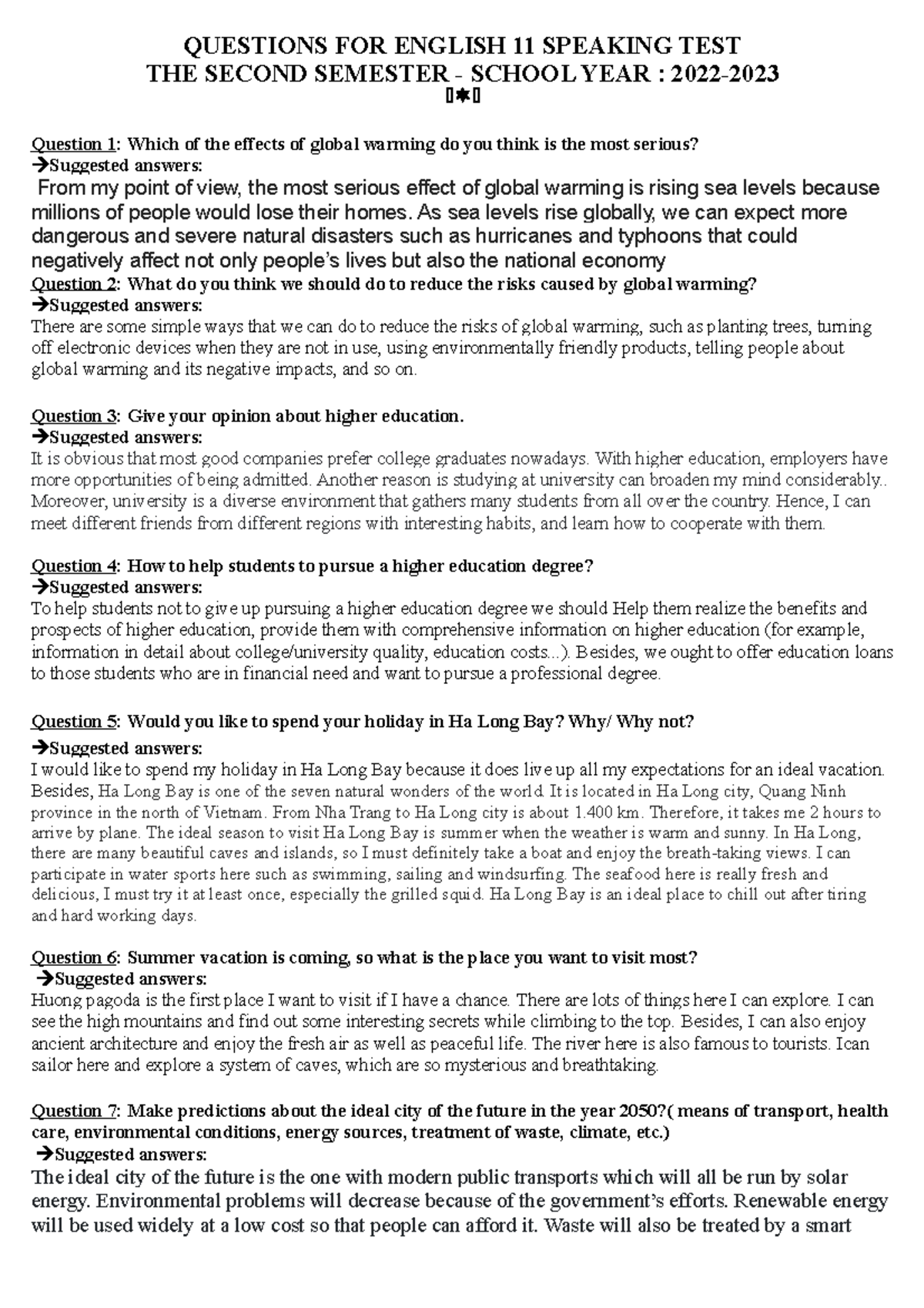 English 11 Speaking Test Questions - HK2 - K11 - 2022-2023 - Studocu