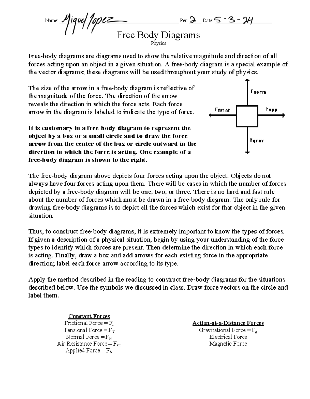 Free Body Diagram Worksheet Physics Answers Physics Unit 2: