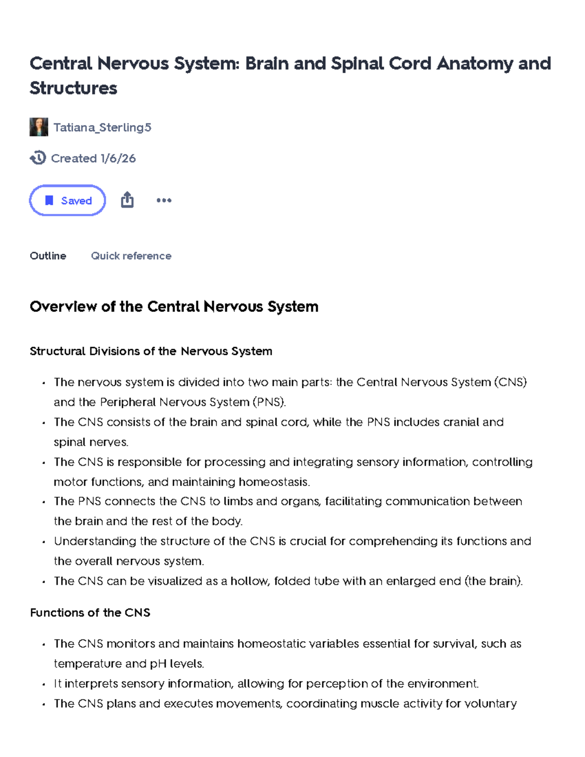 CNS 101: Study Guide on Brain & Spinal Cord Anatomy and Functions - Studocu