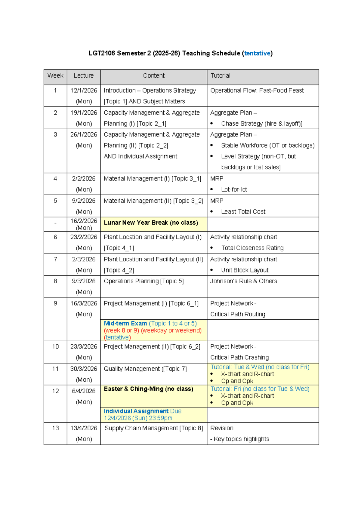 LGT2106 Semester 2 Tentative Teaching Schedule Overview - Studocu
