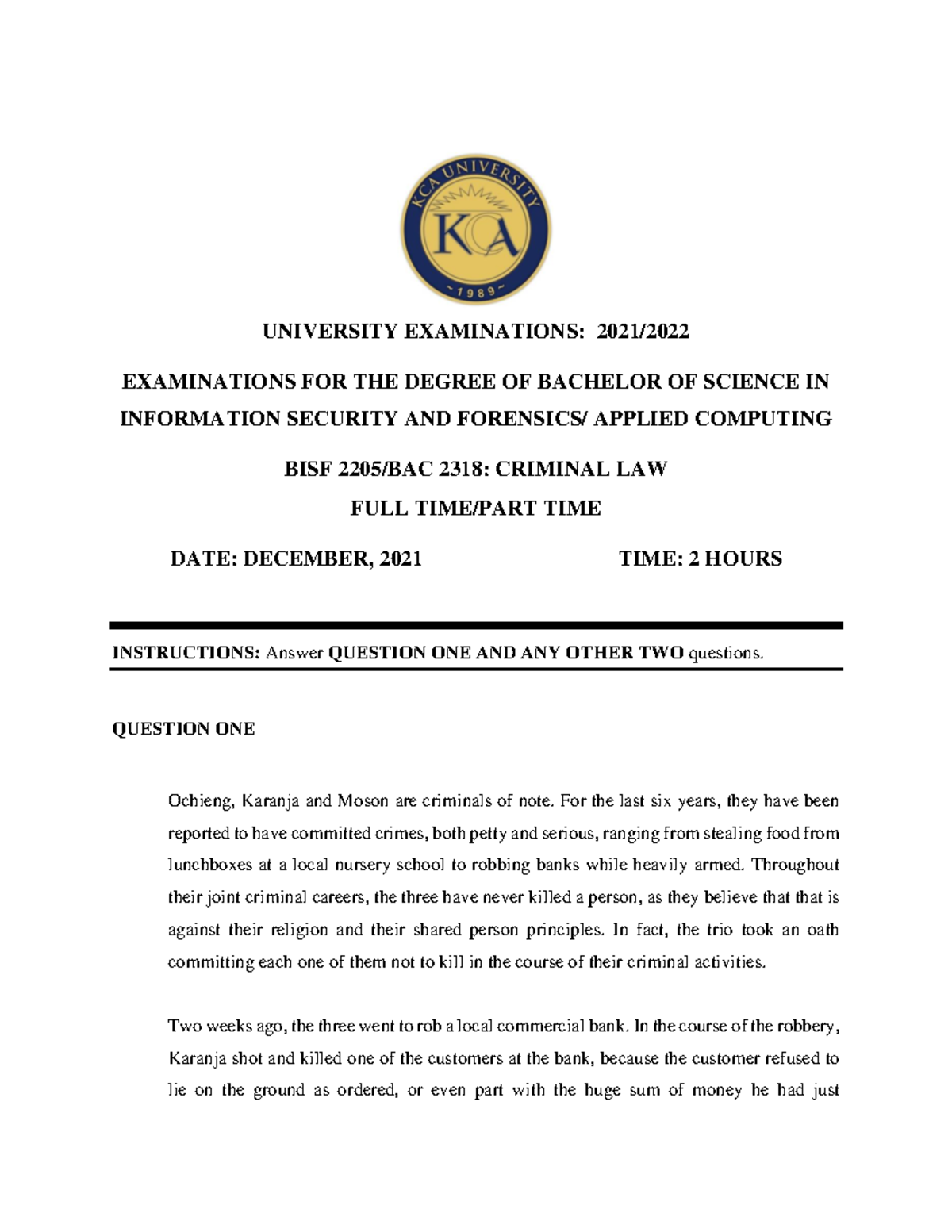 BISF 2205/BAC 2318: Criminal Law Exam Analysis for 2021/2022 ...
