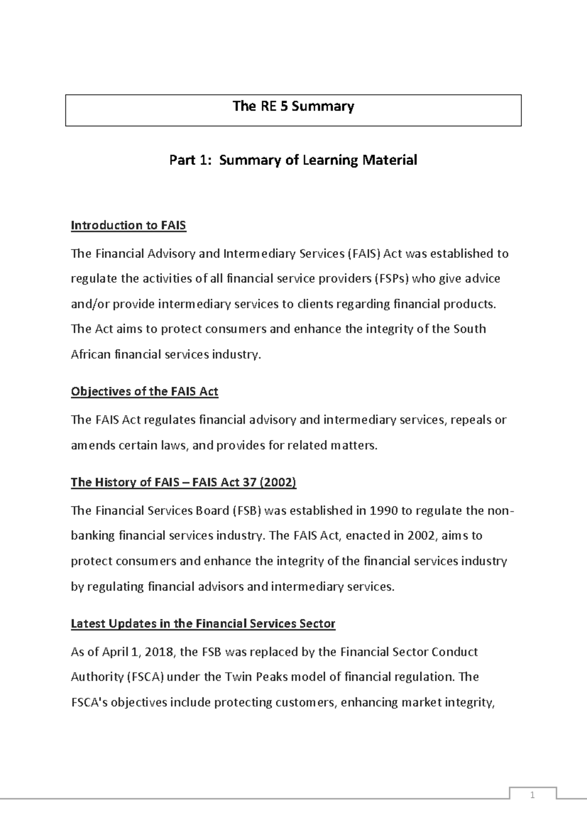 RE5 Summary for Exam Prep - Financial Advisory Services Regulations ...