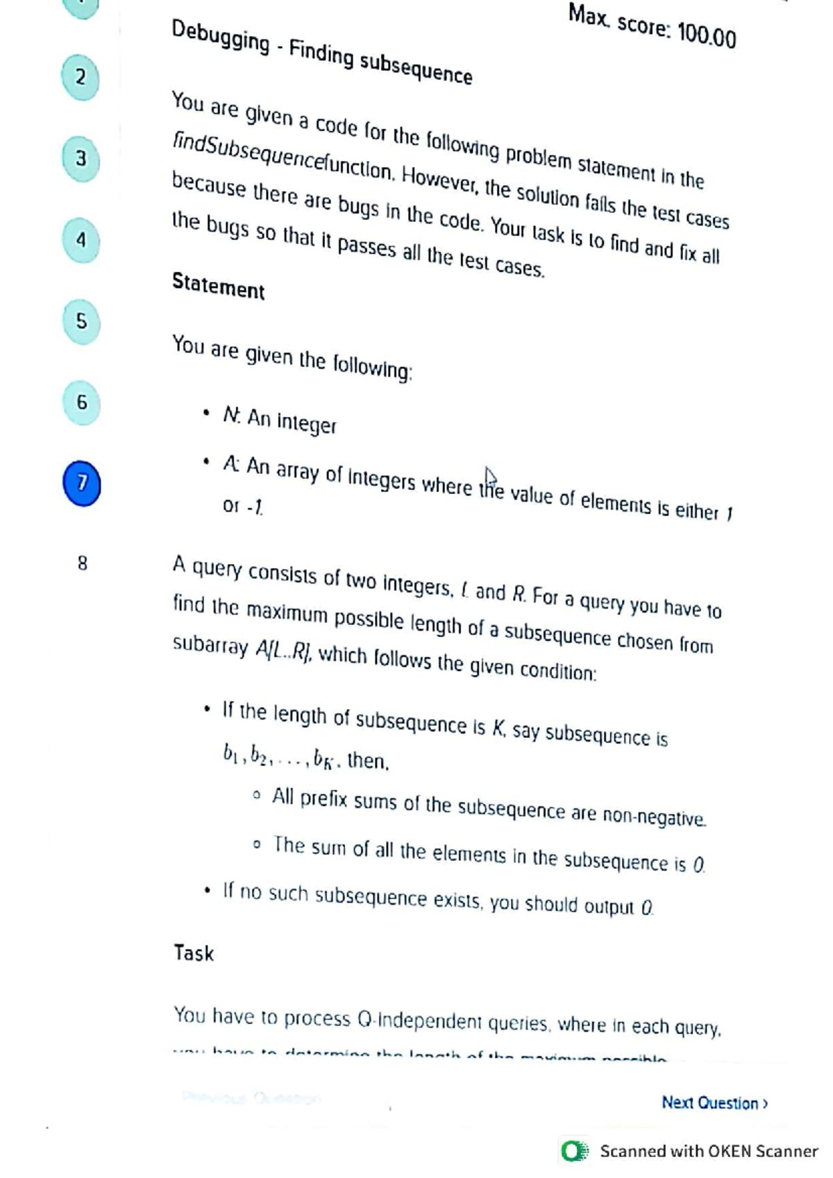 Debugging Code for Finding Subsequence: Max Score 100 - DOC-20251011 ...