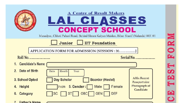 Admission Form for Junior IIT Foundation 2022 - LAL CLASSES - Studocu