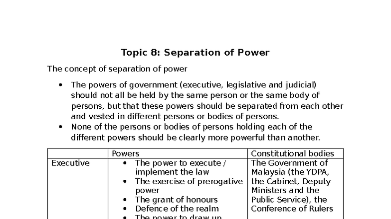 Topic 8: Separation of Powers in Malaysian Government - Studocu