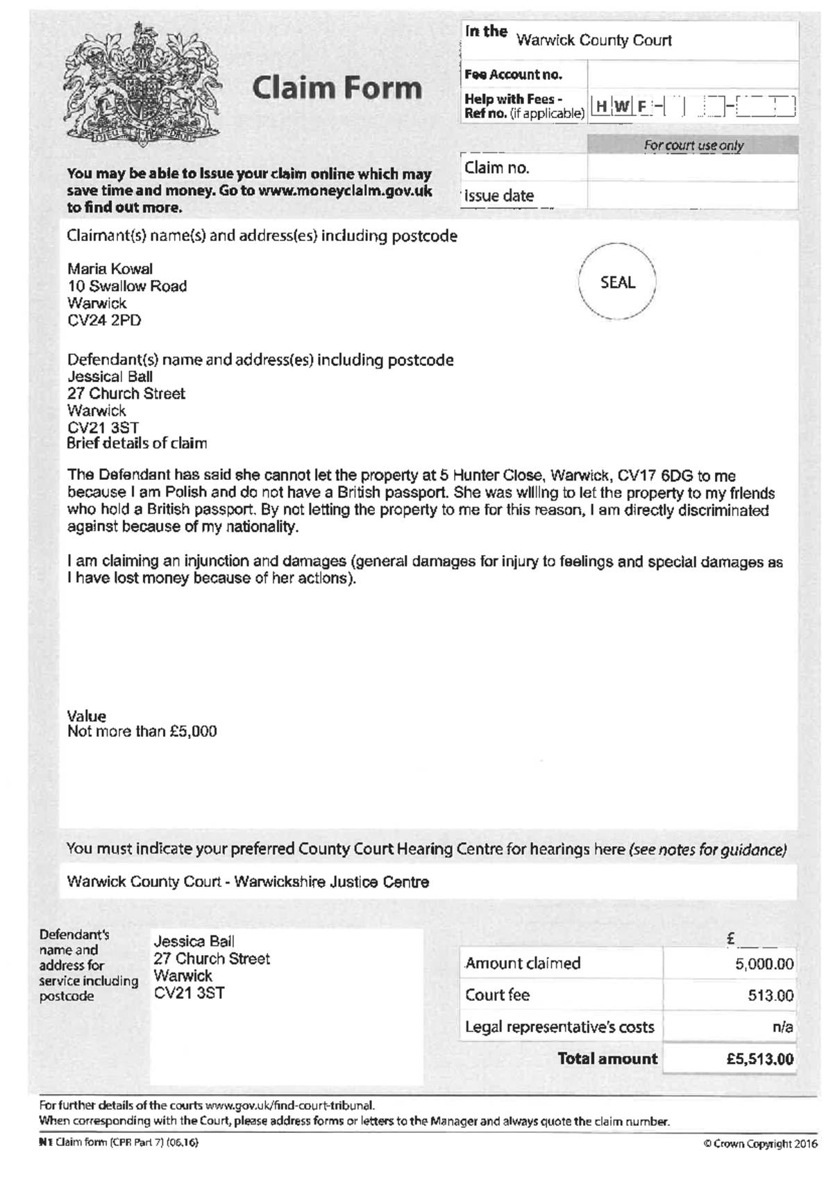 N1 Claim Form: Discrimination Case Details Against Jessica Ball - Studocu