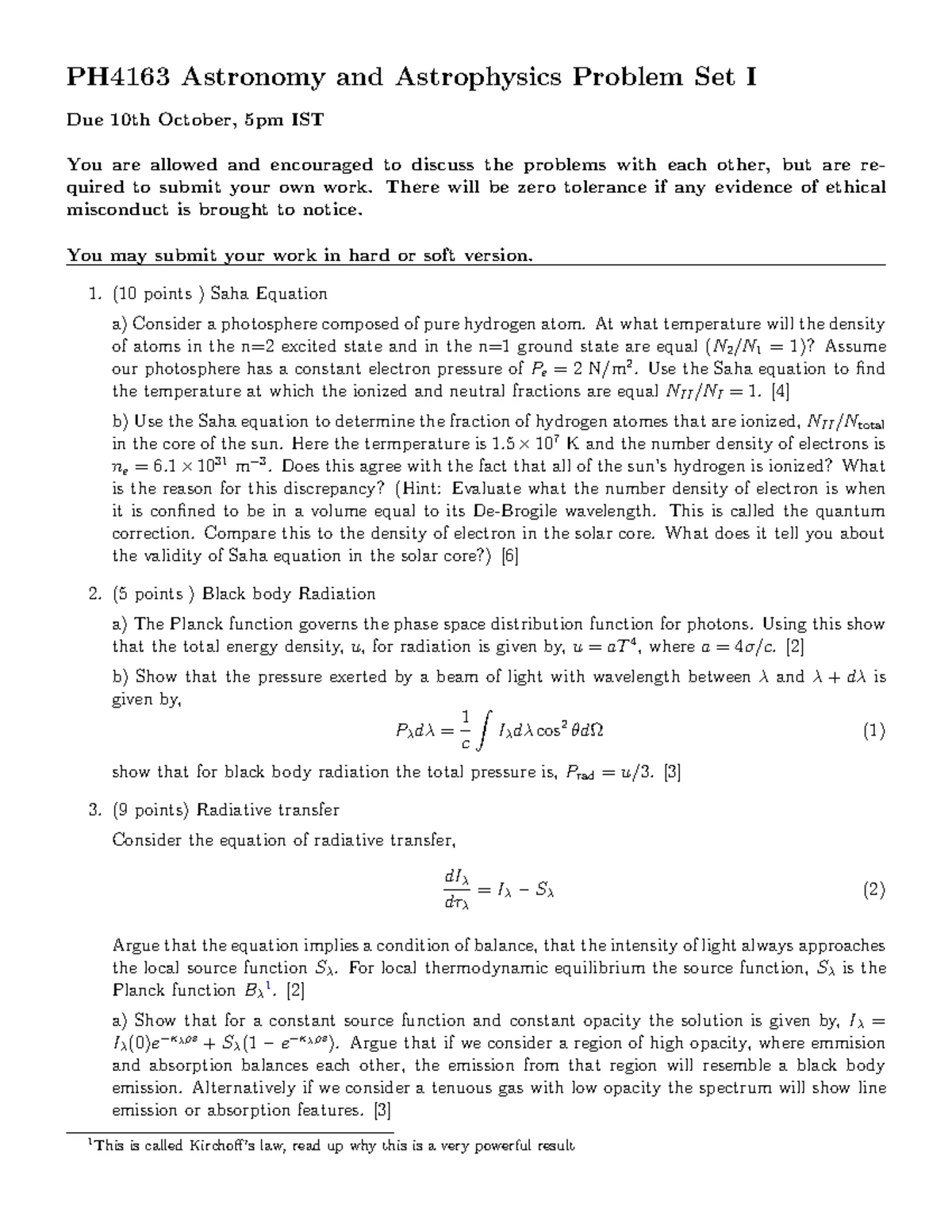 Astrophysics Problem set II - PH4163 Astronomy and Astrophysics Problem ...