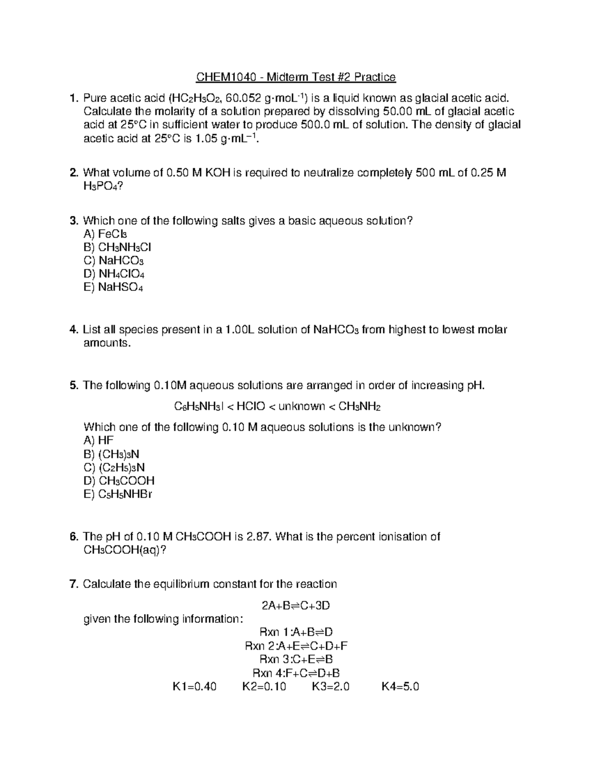CHEM1040 - Midterm Exam #2 Study Guide and Practice Questions - Studocu