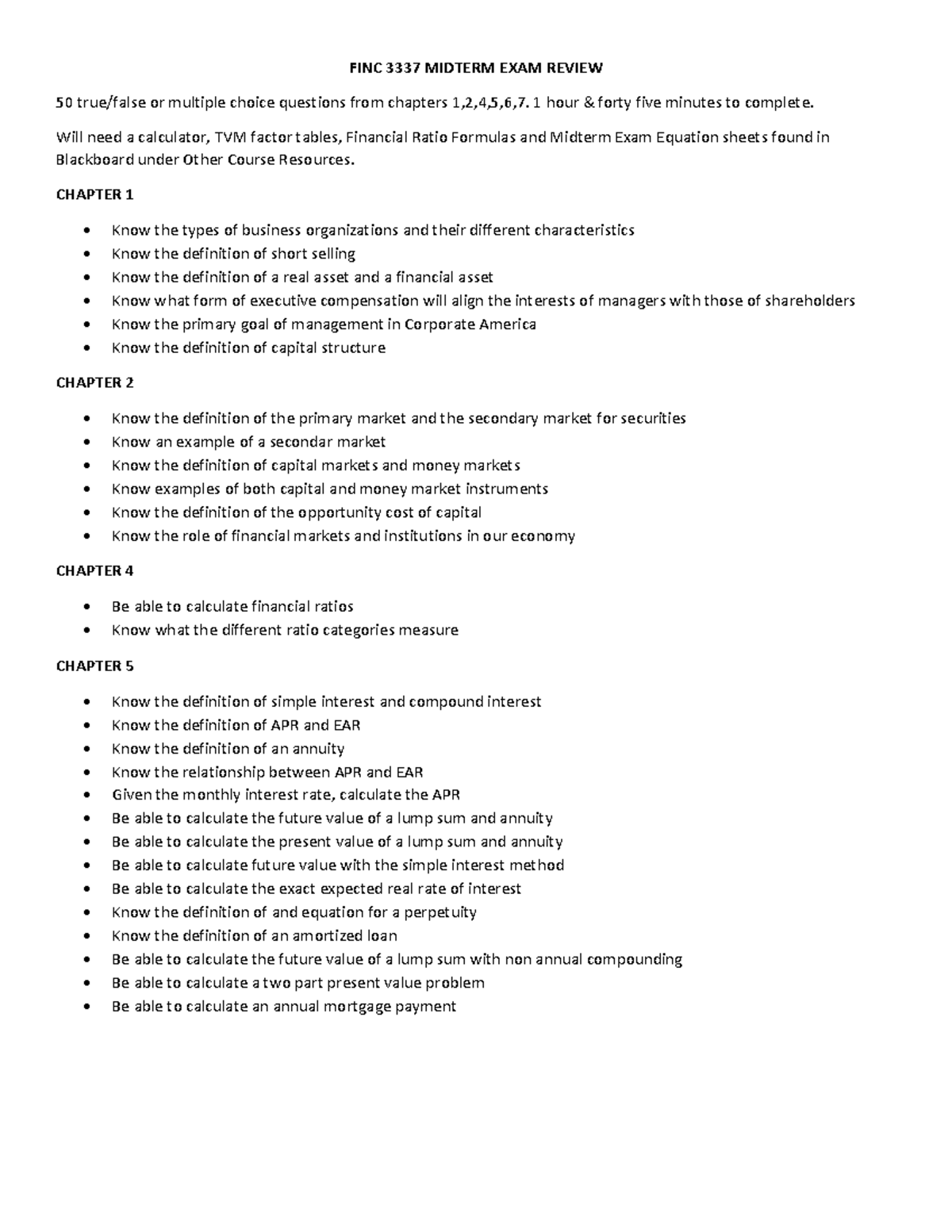 FINC 3337 Midterm Exam Study Guide: Key Concepts & Questions - Studocu