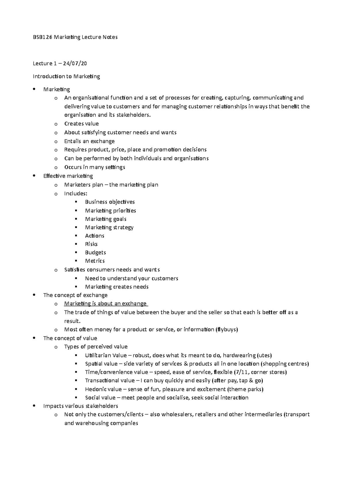 BSB126 Lecture Notes - BSB126 Marketing Lecture Notes Lecture 1 – 24/07 ...