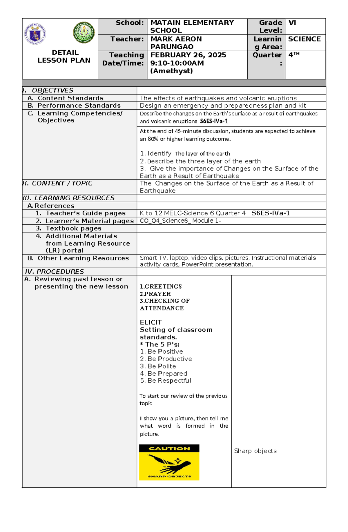 MAP-Q4- Science VI-COT: Detailed Lesson Plan on Earth's Layers - Studocu