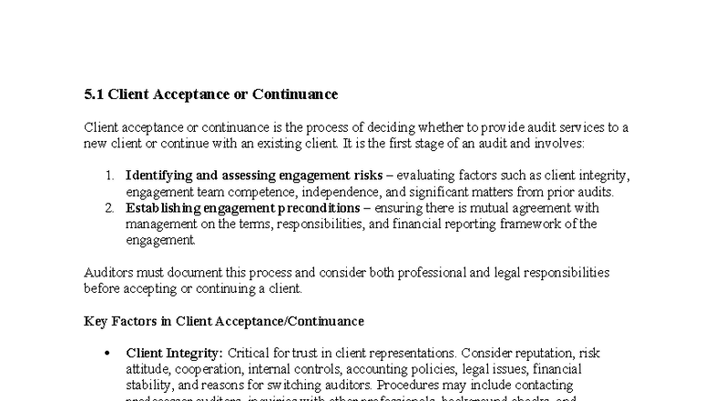 Chapter 5 — Client Acceptance and Continuance in Auditing - Studocu