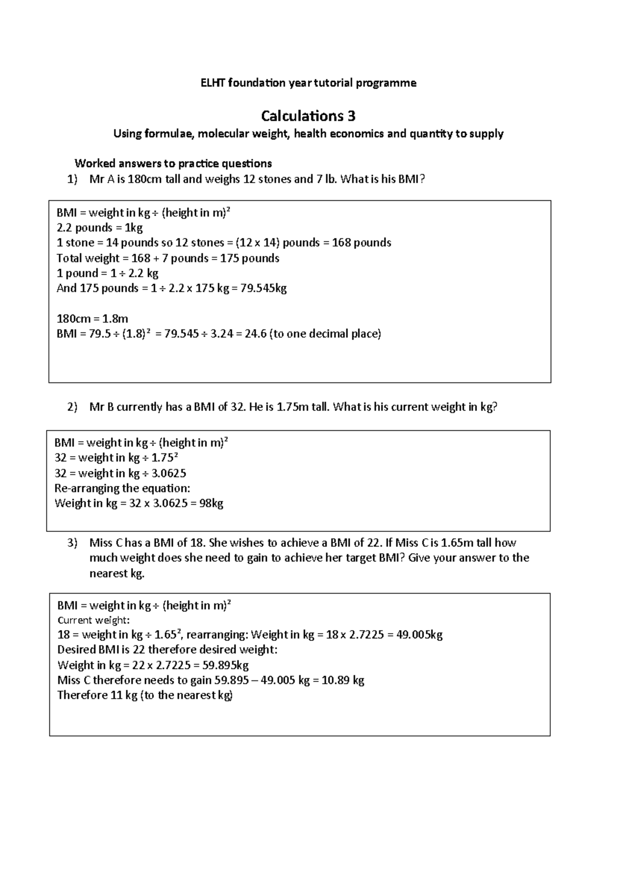Calculations 3: Worked Answers for ELHT Foundation Year Tutorial - Studocu
