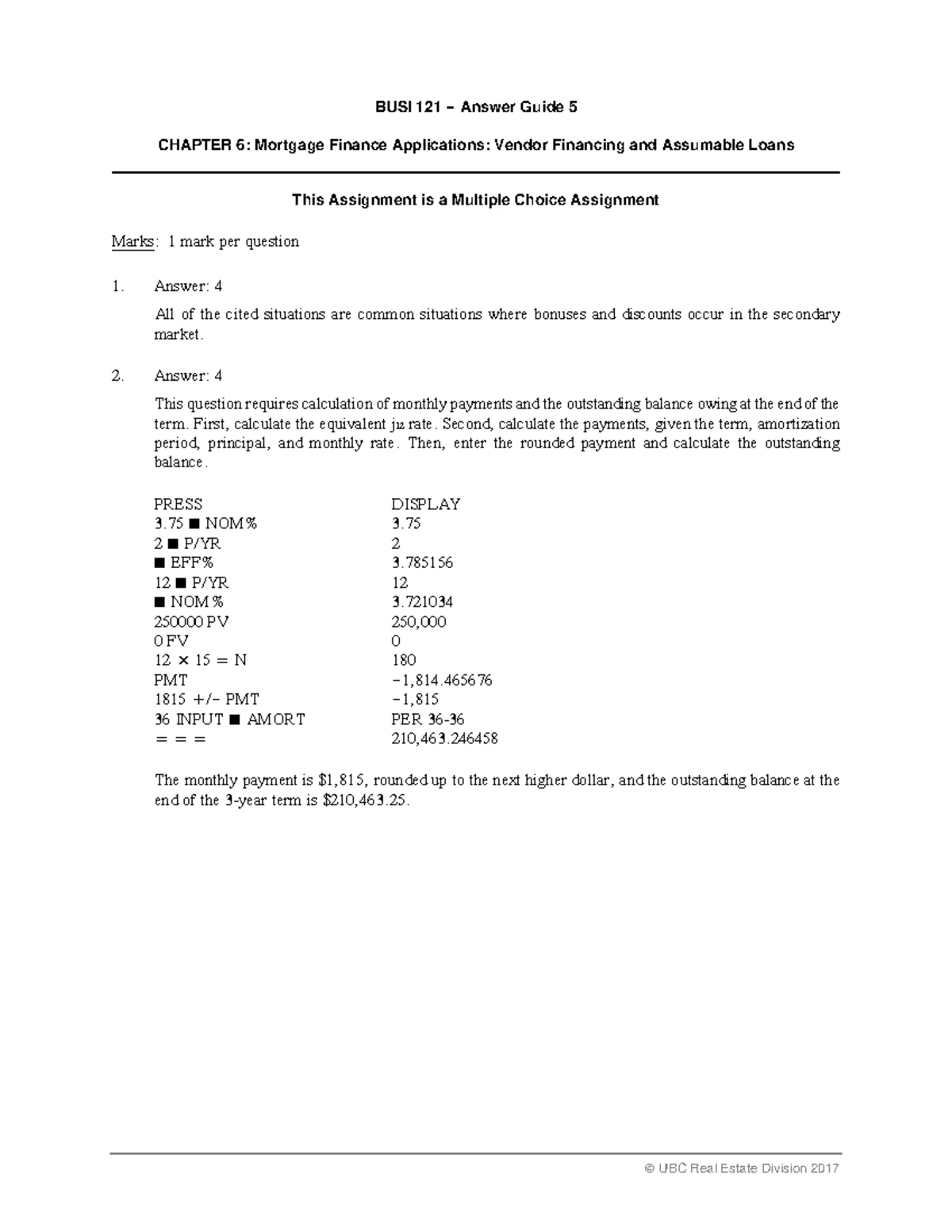 Answer Guide 6 - BUSI 121 Mortgage Finance Applications Assignment ...