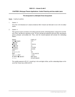 BUSI 121 - Assignment Answer Guide 7: Real Estate IRR