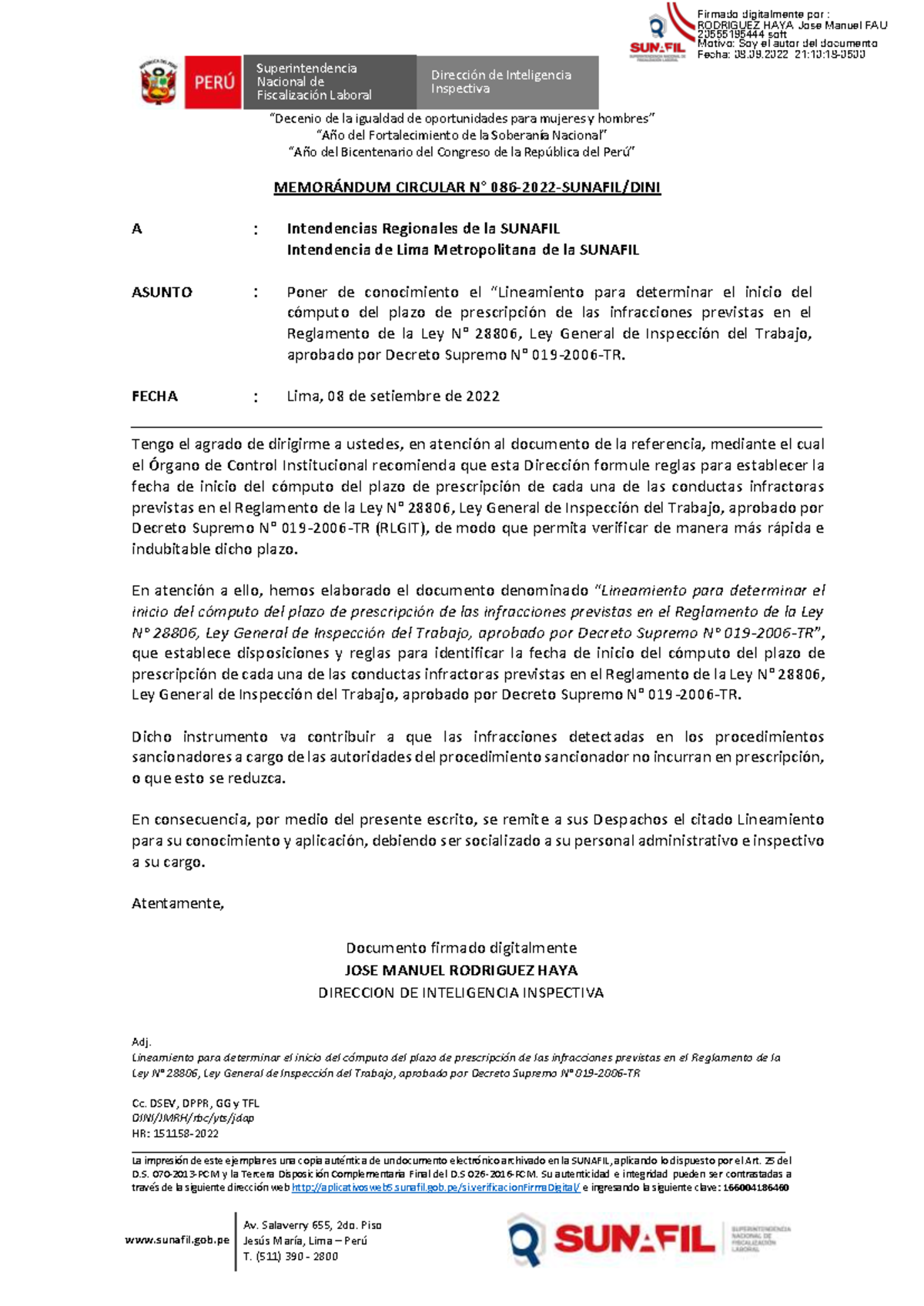 MEMO Circular N° 086-2022: Lineamiento sobre Plazo de Prescripción de Infracciones - Document Preview