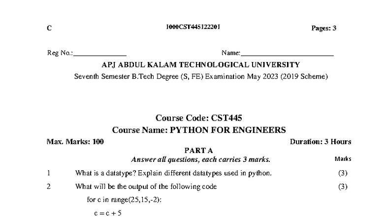 CST445 - Python for Engineers May 2023 Exam Question Paper - Studocu