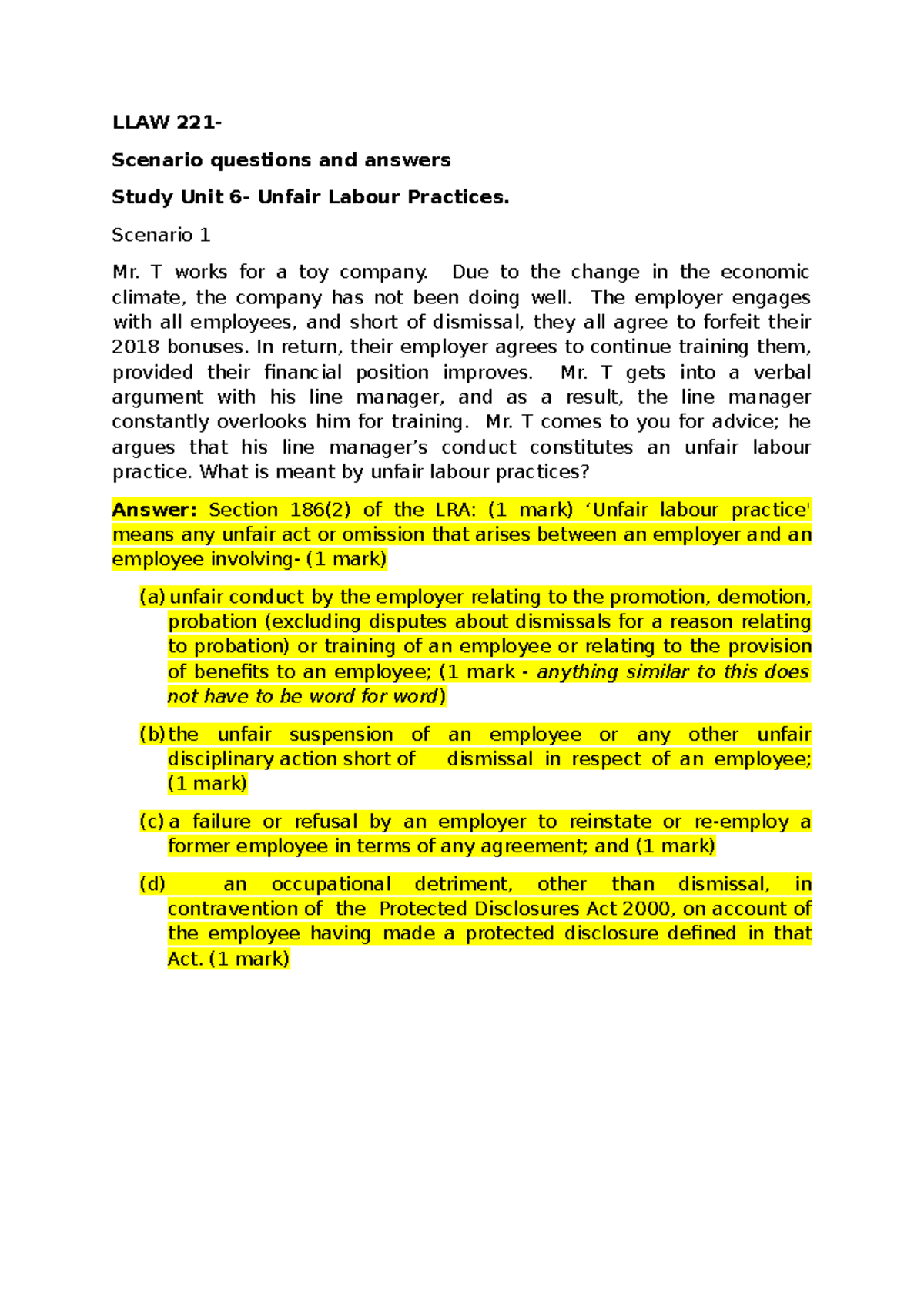LLAW 221 Study Unit 6: Scenarios on Unfair Labour Practices - Studocu