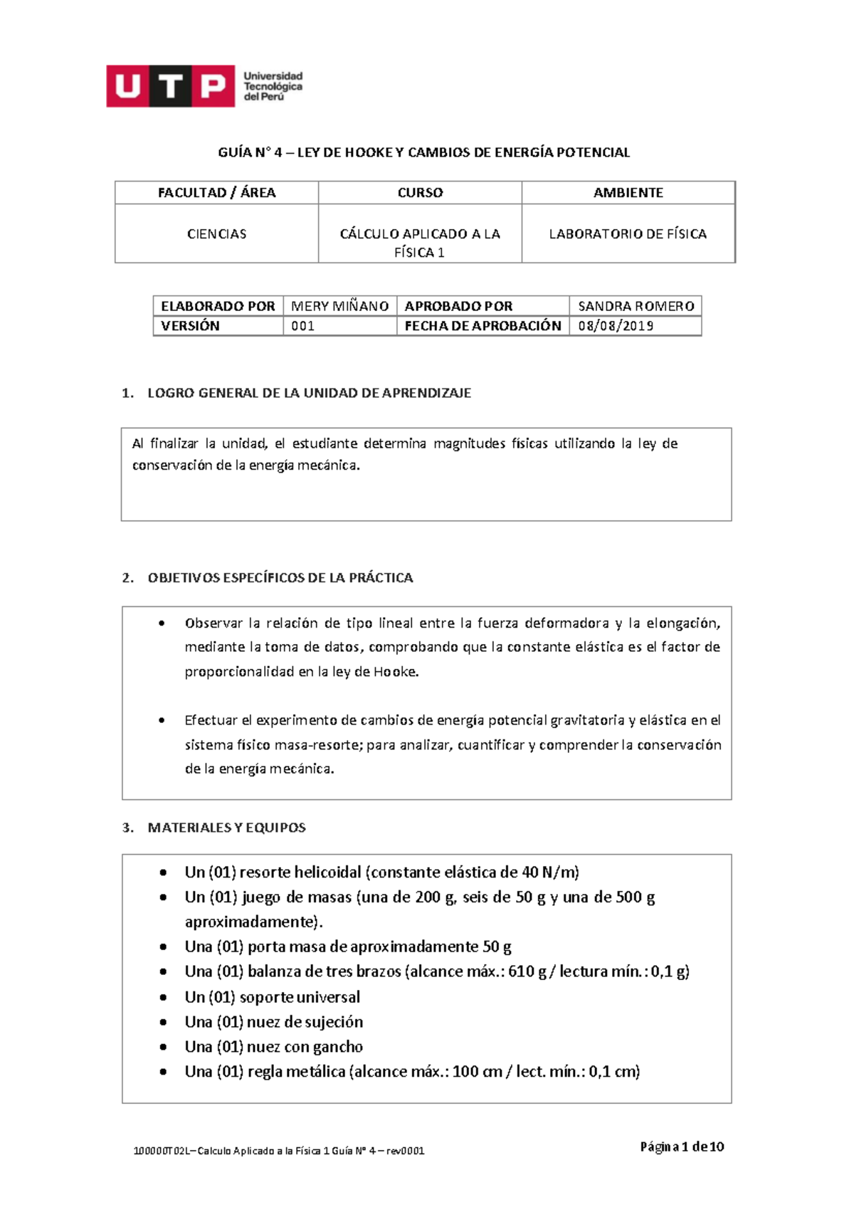 GUÍA N° 4 - LEY DE HOOKE Y ENERGÍA POTENCIAL - LABORATORIO FÍSICA 1 - Document Preview