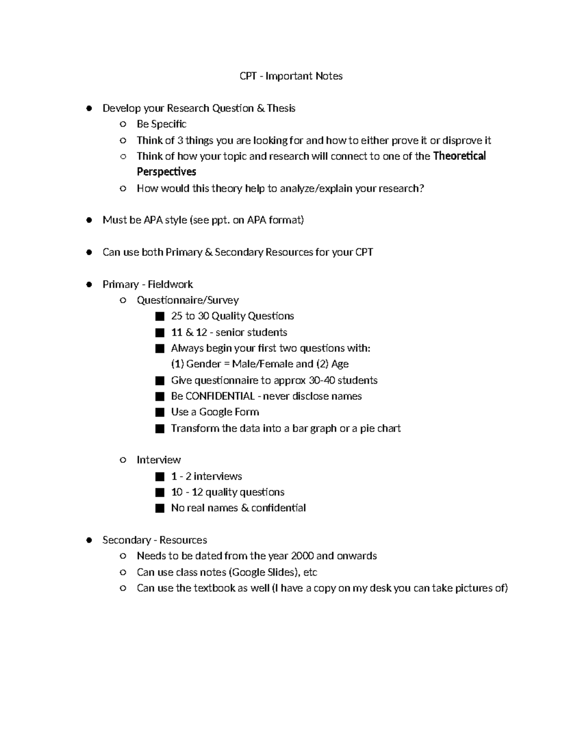 CPT Important Notes: Developing Research Questions & Thesis - Studocu
