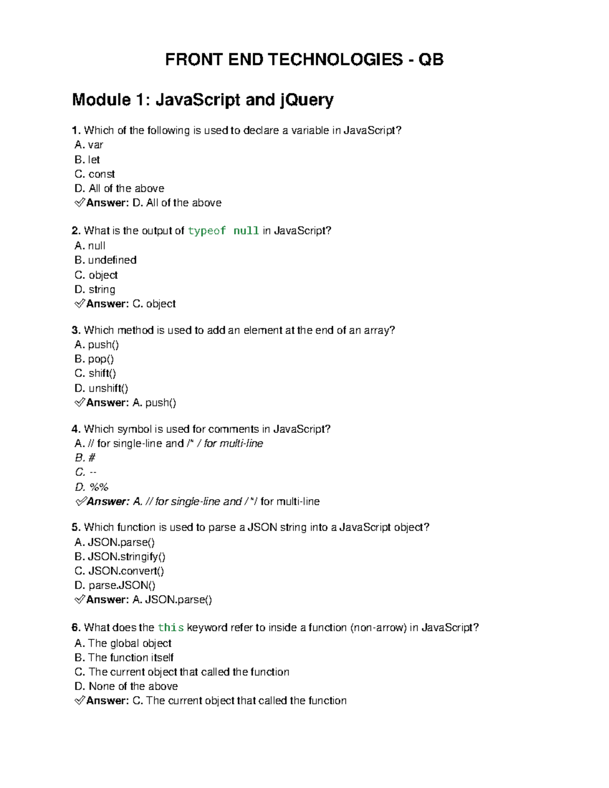 Front END TECHNOLOGIES QB: JavaScript, jQuery, AngularJS & React - Studocu