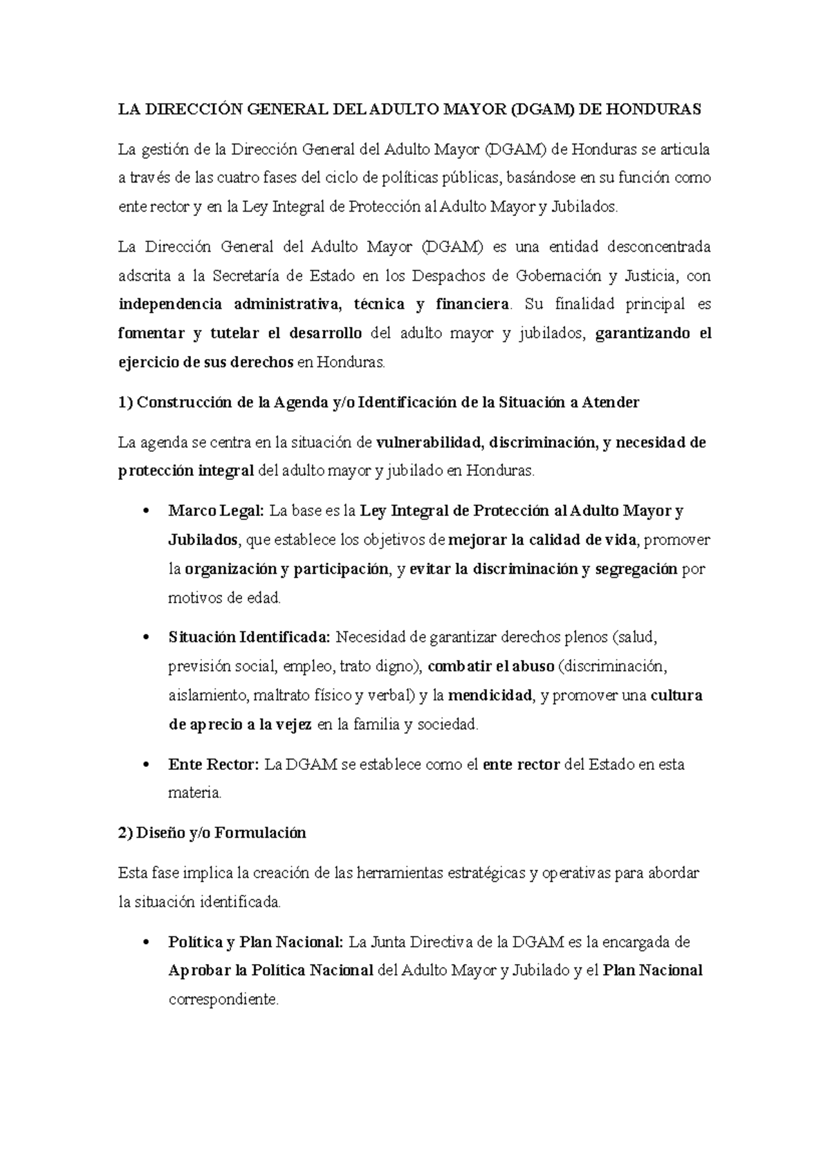 LA DIRECCIÓN GENERAL DEL ADULTO MAYOR (DGAM) EN HONDURAS: GESTIÓN Y ...