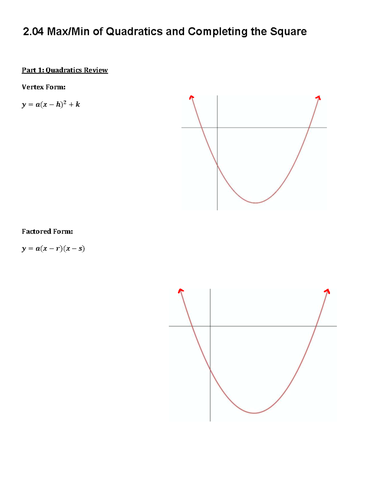 2.04 (Lesson) Quadratics Review - L3 - 1 Max or Min of a Quadratic ...