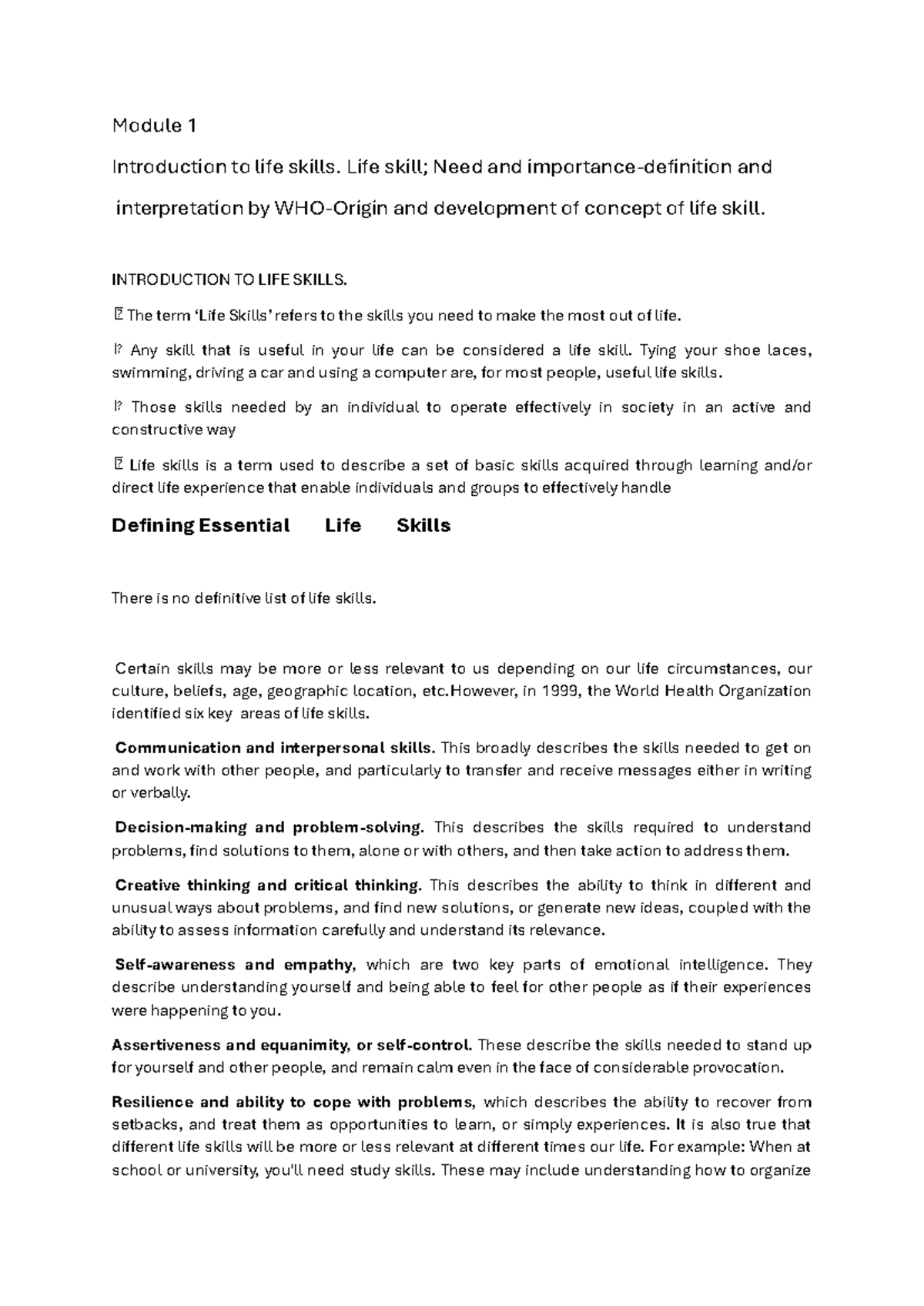 Oc life skill application notes - Module 1 Introduction to life skills ...