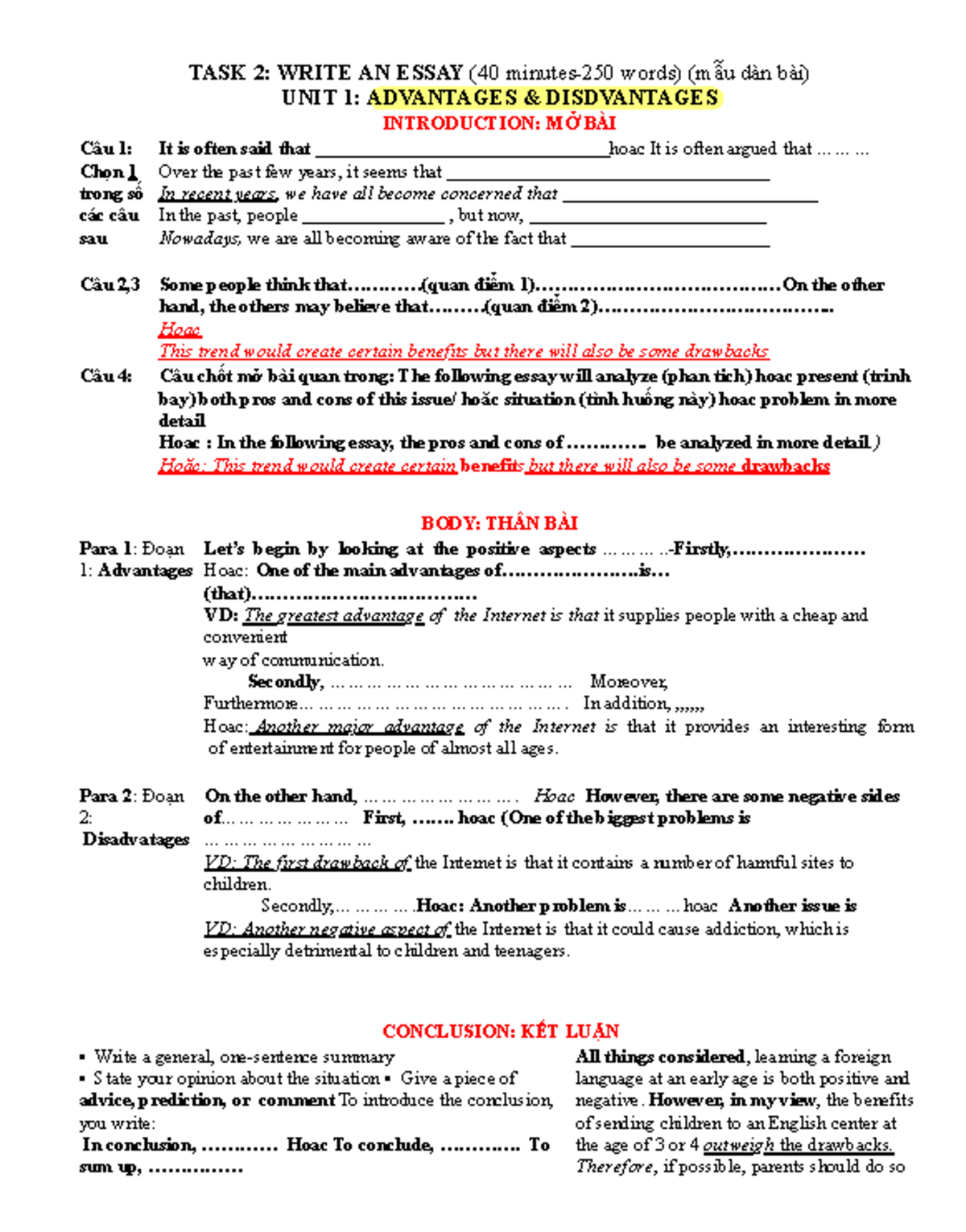 TASK 2: ESSAY OUTLINE ON ADVANTAGES AND DISADVANTAGES (UNIT 1) - Studocu