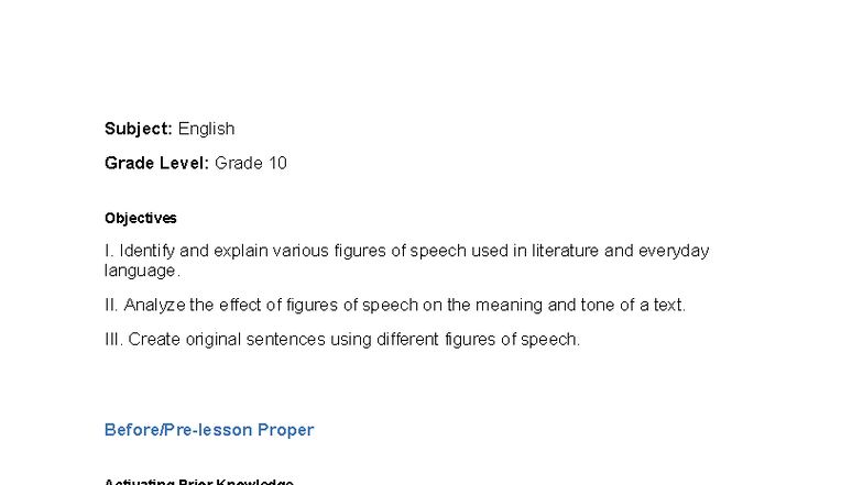 Lesson Plan: Exploring Figures of Speech in English 10 - Studocu