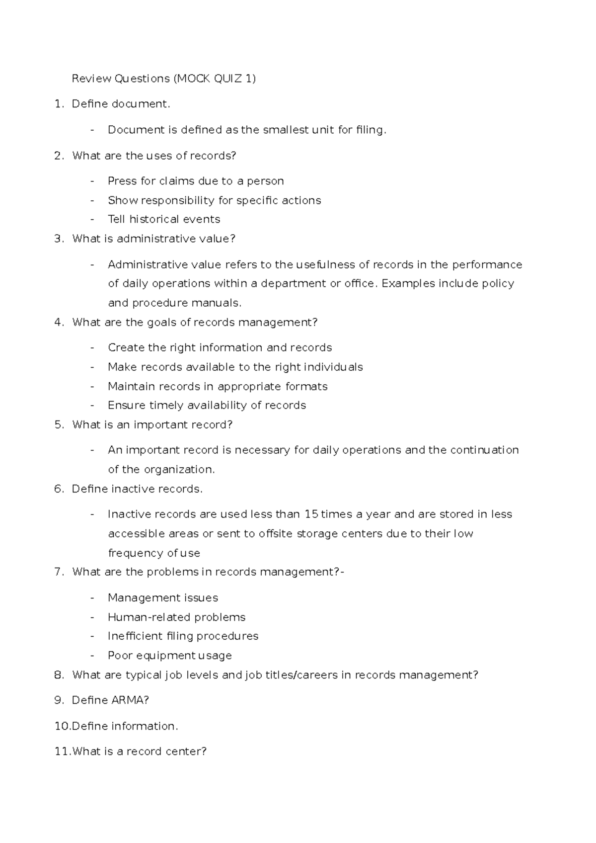 MOCK QUIZ 1 - Key Concepts in Records Management - Studocu
