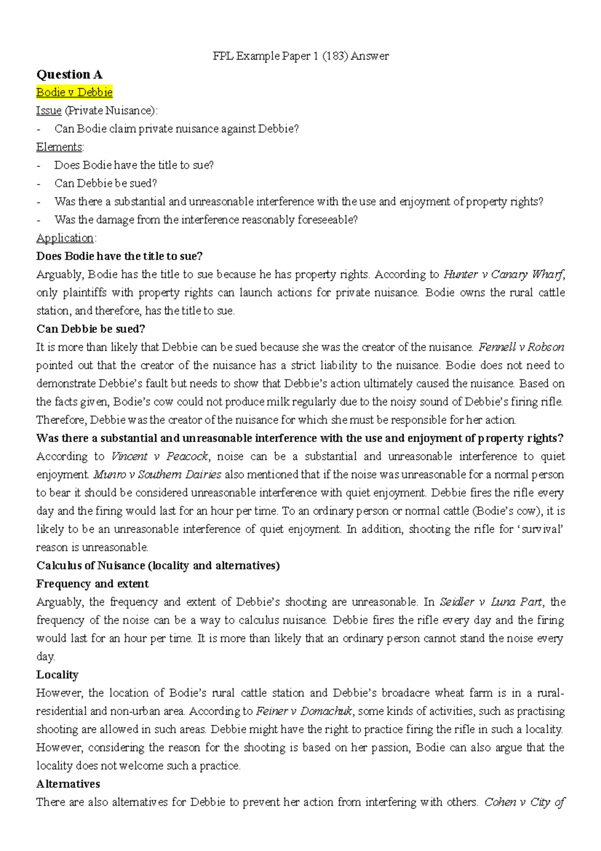 FPL Example Paper 1 - Private Nuisance & False Imprisonment Analysis ...