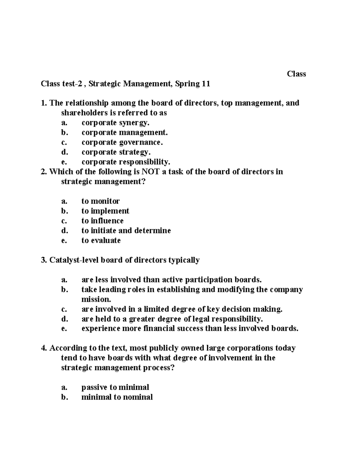Strategic Management Class Test 2, Spring 11, MBA Notes - Studocu